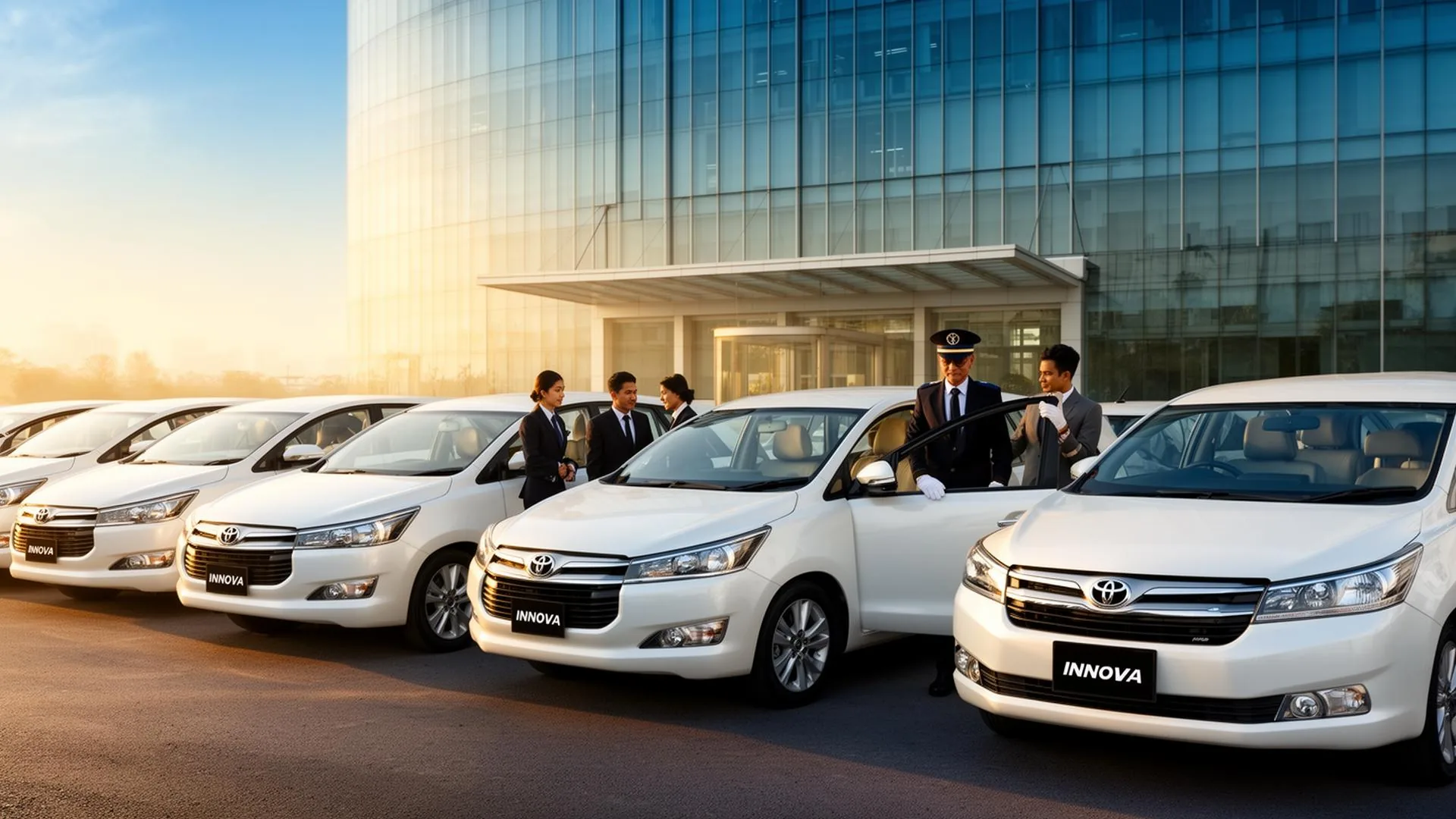 Corporate fleet of premium cars in front of office building