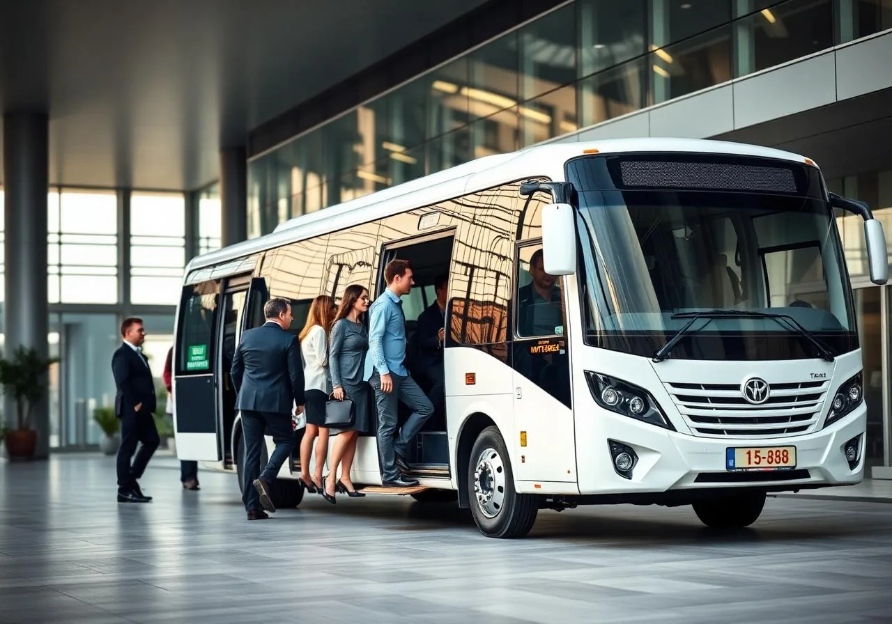 Office staff boarding company transport bus